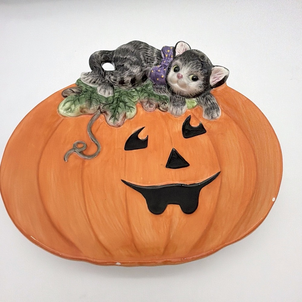 Fitz And Floyd Jack O Halloween Jack-O'-Lantern Plate Black Cat Pumpkin Decor
